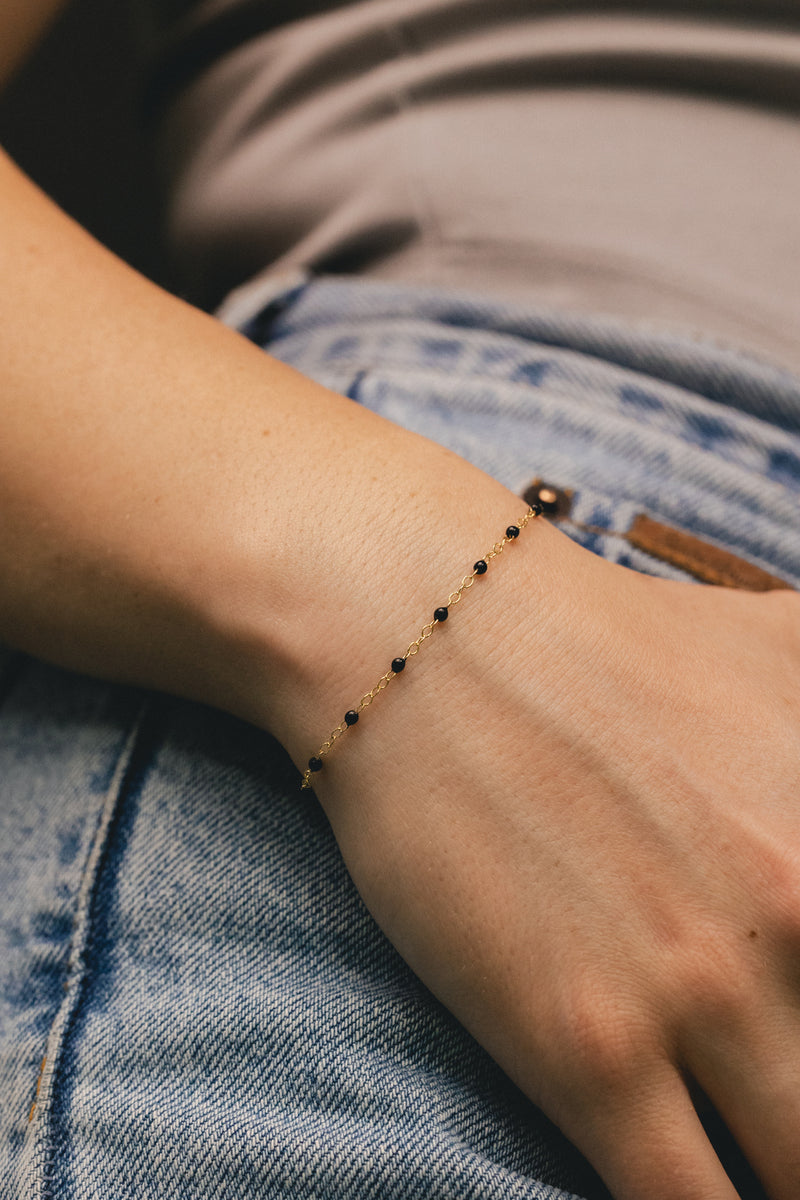 BLACK ENAMEL BEAD PIATTO CHAIN BRACELET IN 14K YELLOW GOLD-6