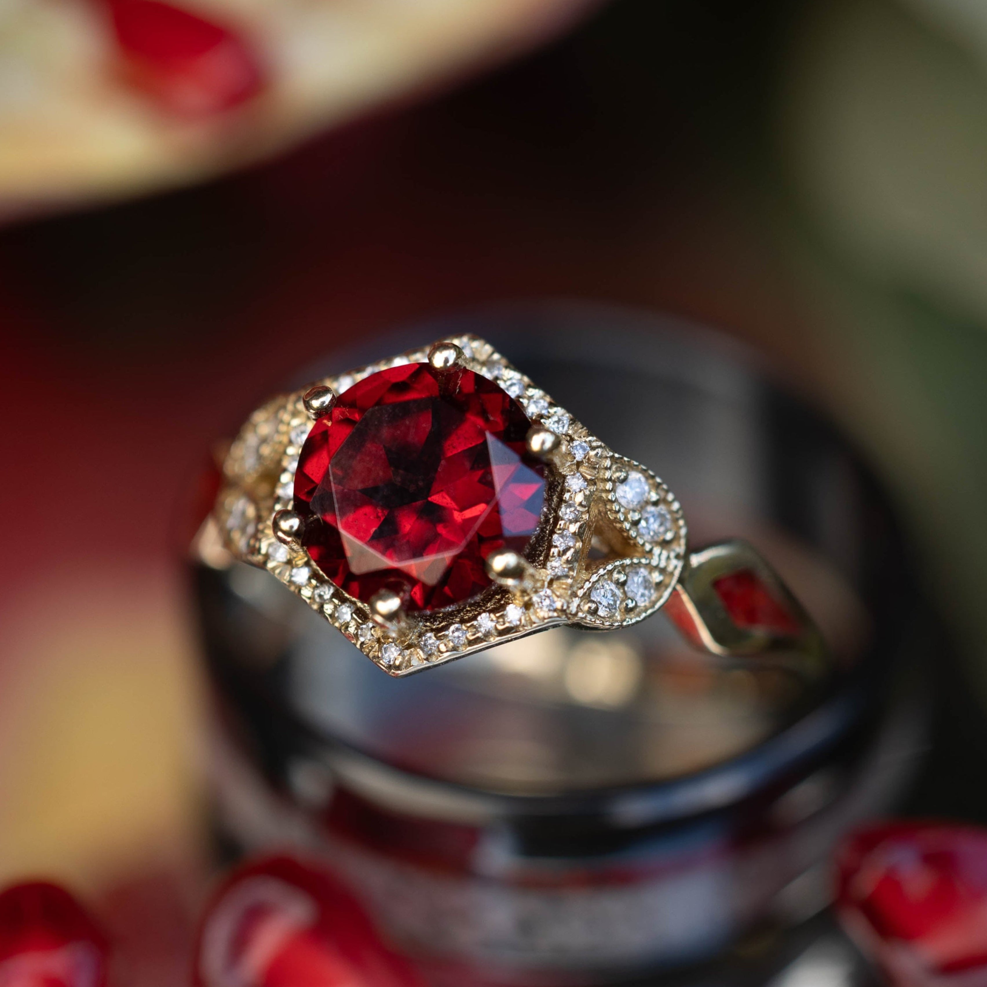 "Lucy In The Sky" - Round Cut Garnet Engagement Ring With Diamond Accents & Red Opal Inlays - 14K Yellow Gold - Size 9 1/2-Staghead Designs