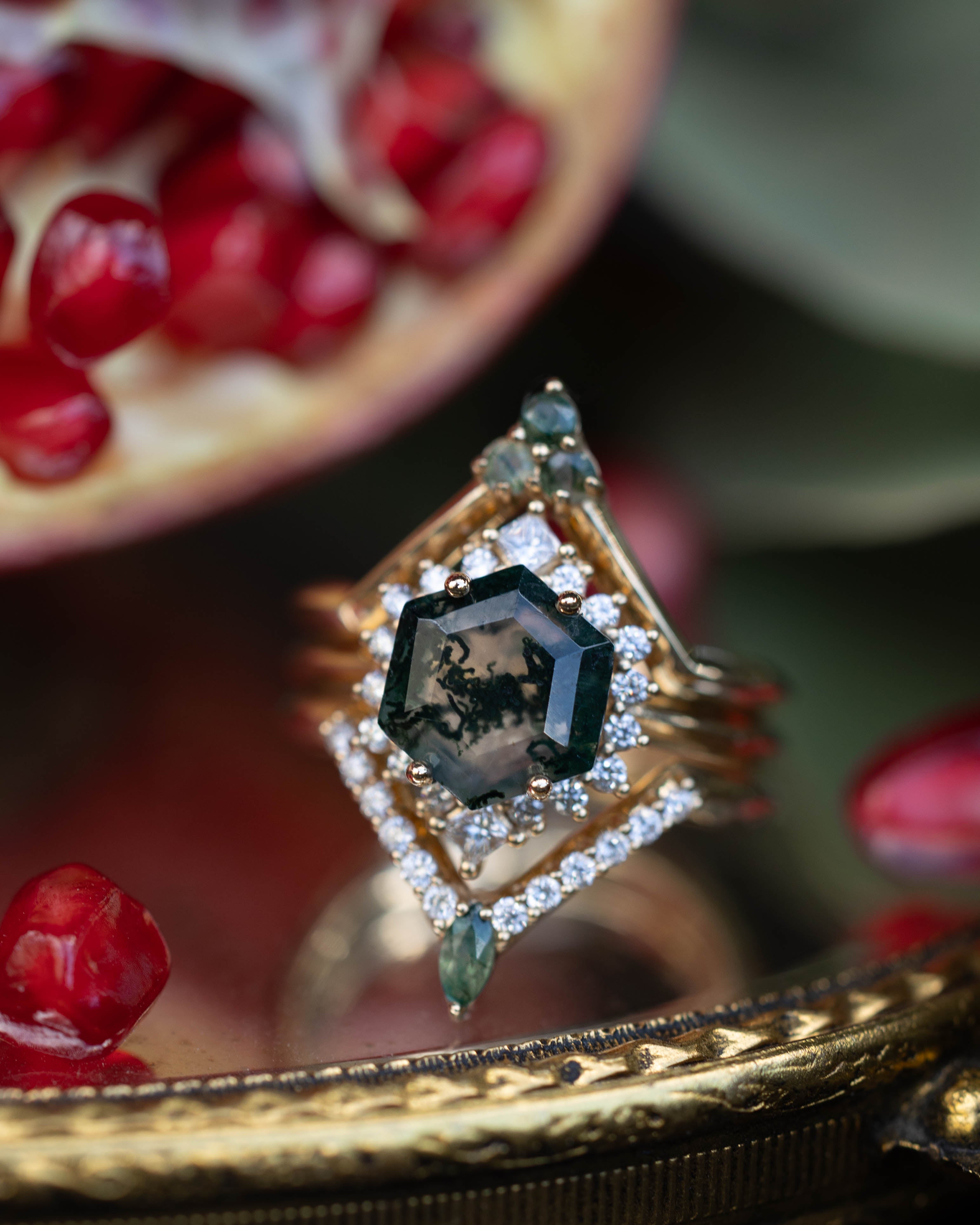 "NEREZZA" - BRIDAL SUITE - HEXAGON CUT MOSS AGATE ENGAGEMENT RING WITH DIAMOND ACCENTS & TRACERS-Staghead Designs