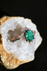 "NORTH STAR" - OVAL LAB-GROWN EMERALD ENGAGEMENT RING WITH DIAMOND HALO & BLACK DIAMOND ACCENTS-8