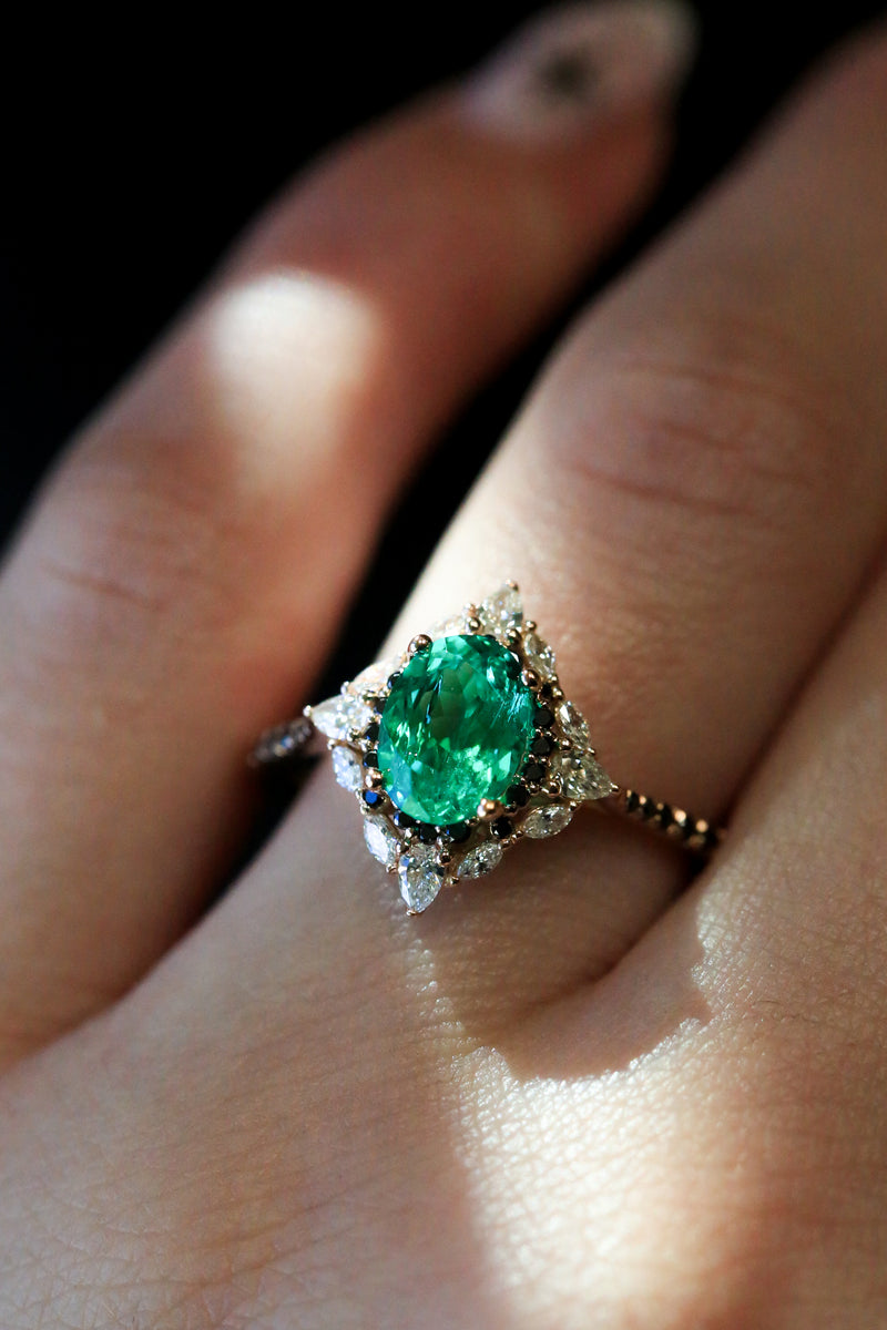 "NORTH STAR" - OVAL LAB-GROWN EMERALD ENGAGEMENT RING WITH DIAMOND HALO & BLACK DIAMOND ACCENTS-9