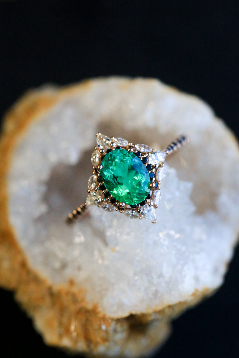 "NORTH STAR" - OVAL LAB-GROWN EMERALD ENGAGEMENT RING WITH DIAMOND HALO & BLACK DIAMOND ACCENTS-7