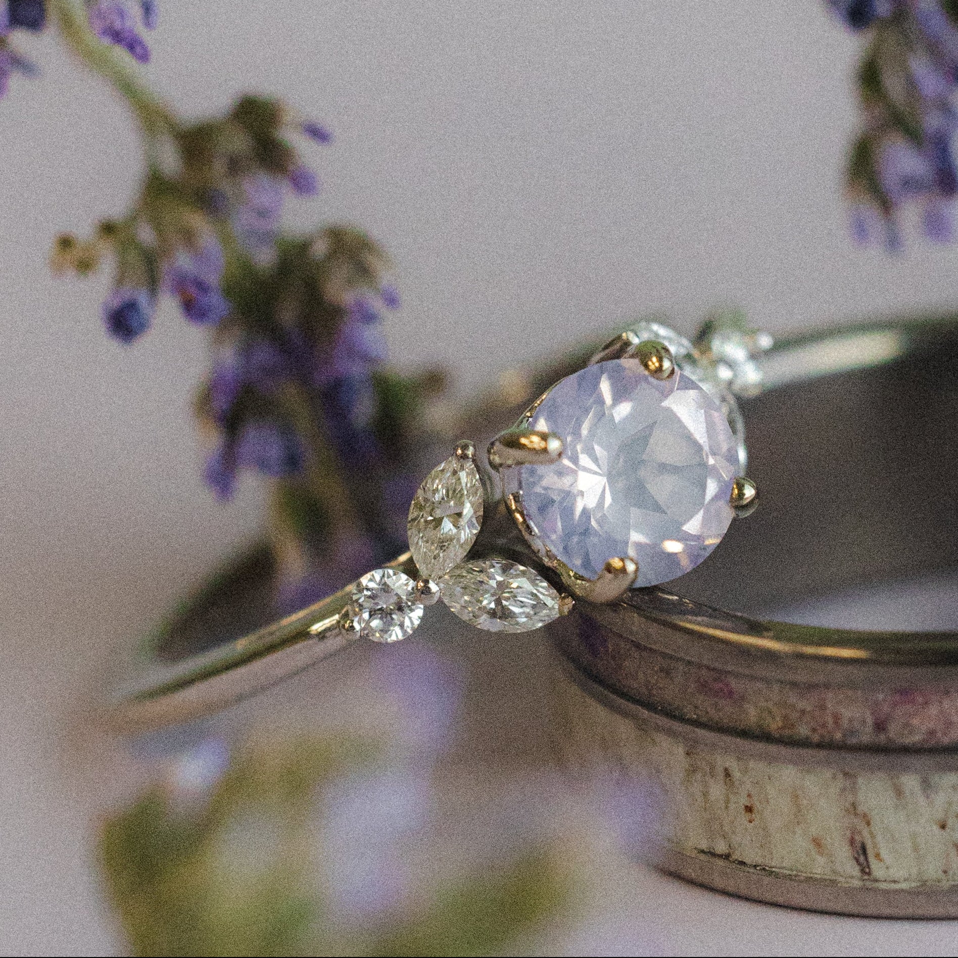 "BLOSSOM" - ROUND CUT LAVENDER QUARTZ ENGAGEMENT RING WITH LEAF SHAPED DIAMOND ACCENTS-14