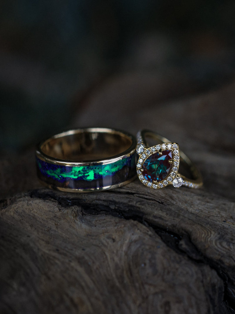 "BOREALIS" - MOUNTAIN ENGRAVED WEDDING RING WITH REDWOOD & GLOW IN THE DARK NORTHERN LIGHTS