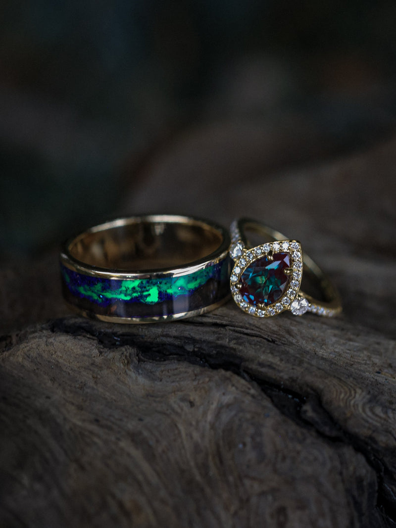 "BOREALIS" - MOUNTAIN ENGRAVED WEDDING RING WITH REDWOOD & GLOW IN THE DARK NORTHERN LIGHTS-14