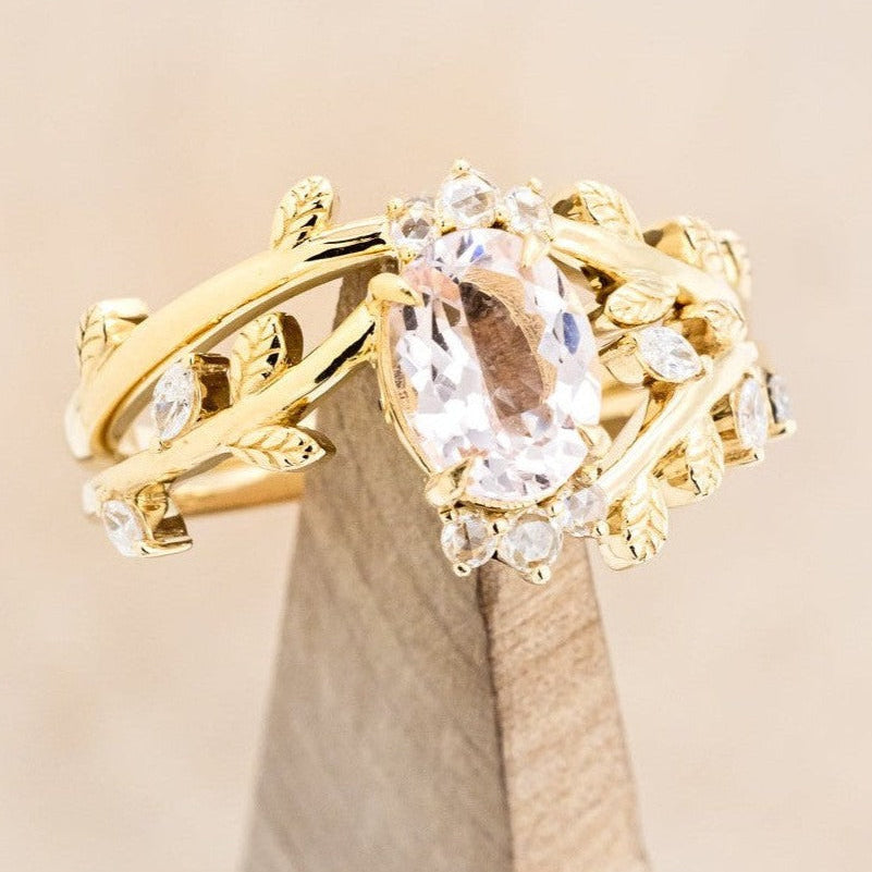"CAELUM" - VINE STYLE OVAL MORGANITE ENGAGEMENT RING SET WITH LEAF & DIAMOND ACCENTS-1