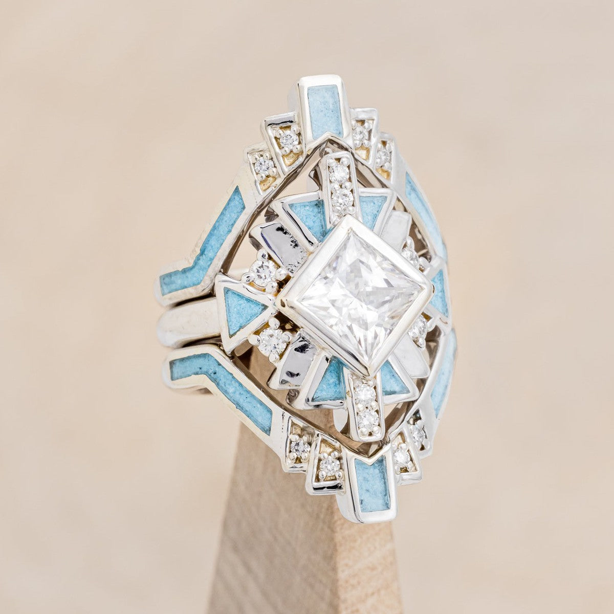 "CALLIANDRA" - BRIDAL SUITE - PRINCESS CUT MOISSANITE ENGAGEMENT RING WITH DIAMOND ACCENTS, TURQUOISE, & TRACERS-1