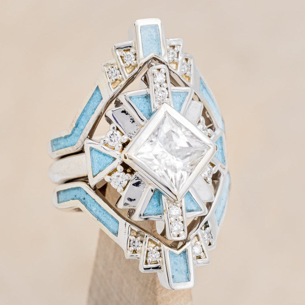 "CALLIANDRA" - BRIDAL SUITE - PRINCESS CUT MOISSANITE ENGAGEMENT RING WITH DIAMOND ACCENTS, TURQUOISE, & TRACERS-1