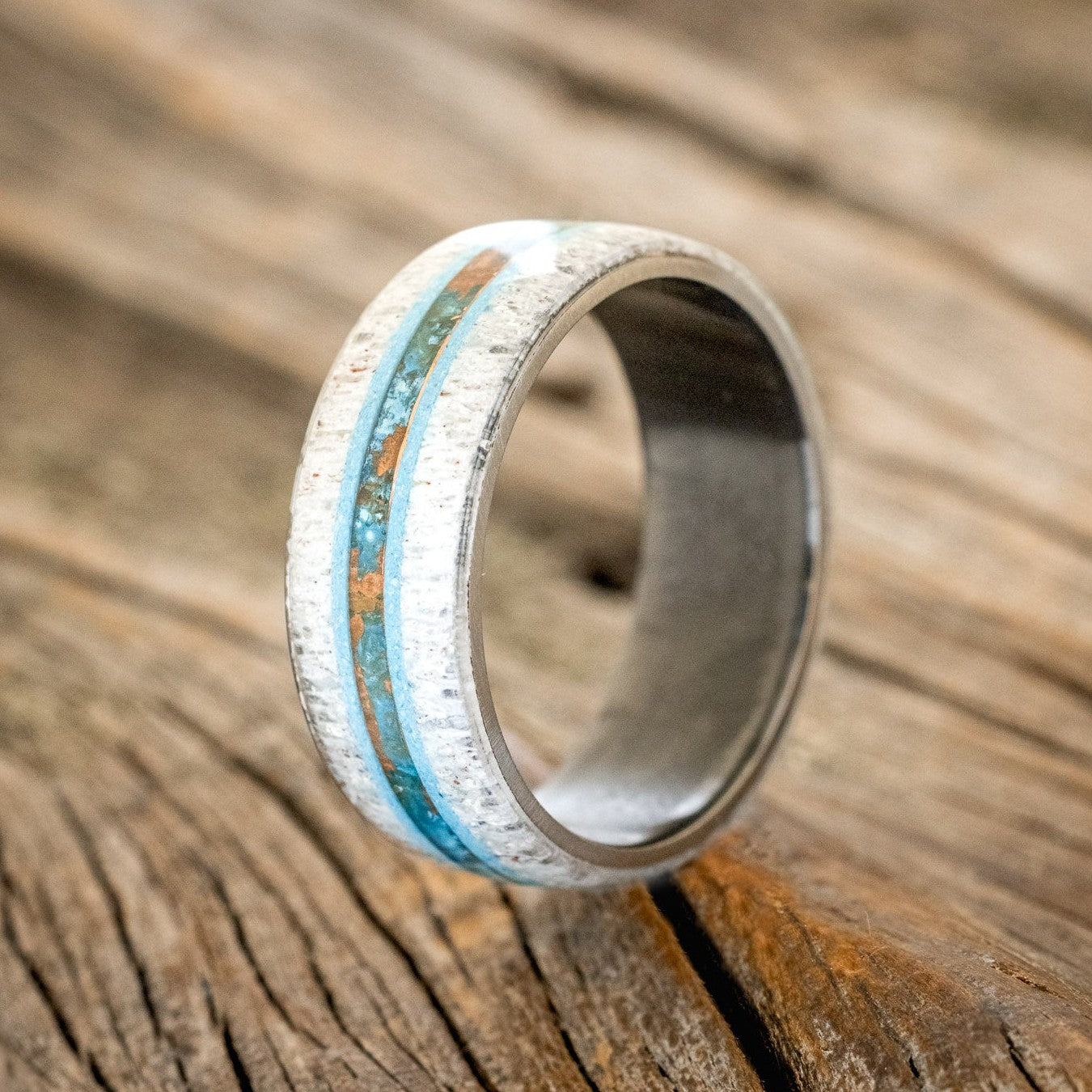 "CANYON" - ANTLER, TURQUOISE & PATINA COPPER WEDDING BAND-1