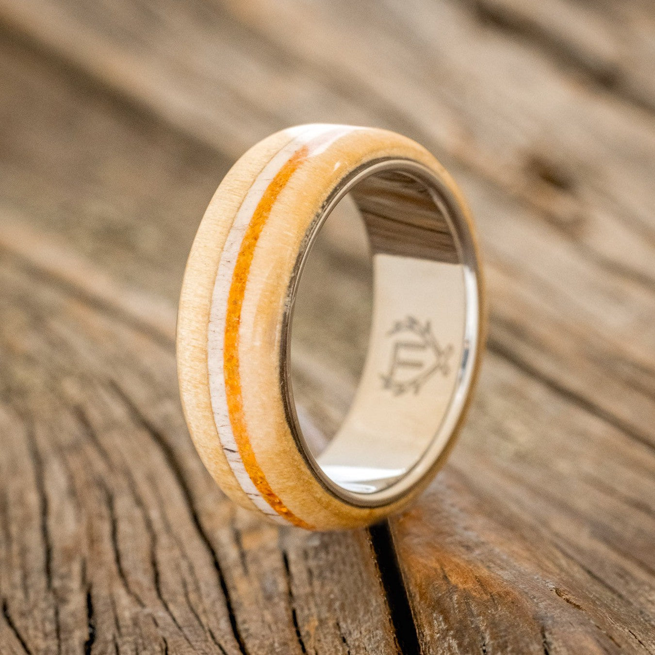 "CANYON" - ASPEN WOOD, ANTLER & ORANGE OPAL WEDDING RING-1