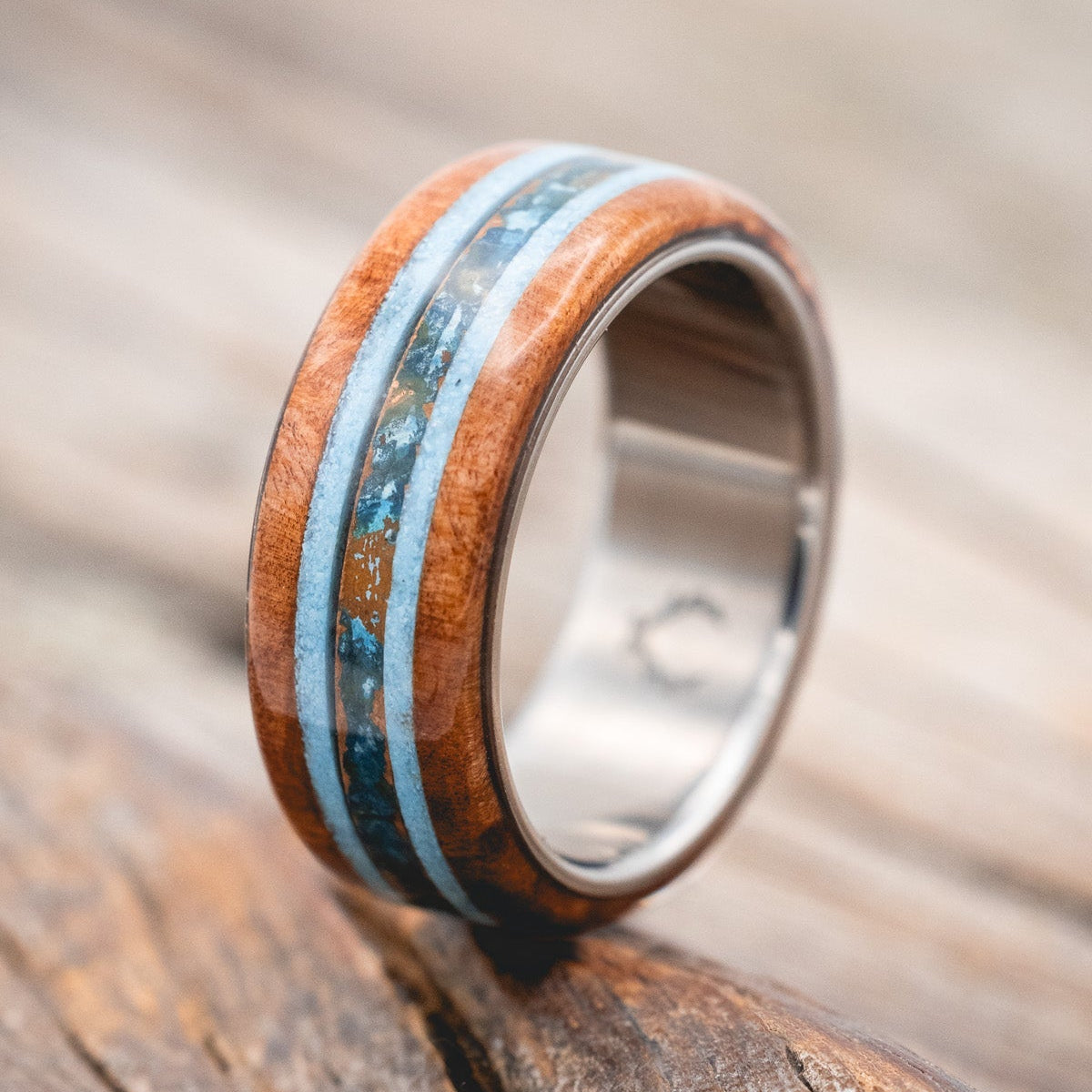 "CANYON" - REDWOOD, TURQUOISE & PATINA COPPER WEDDING BAND-Staghead Designs