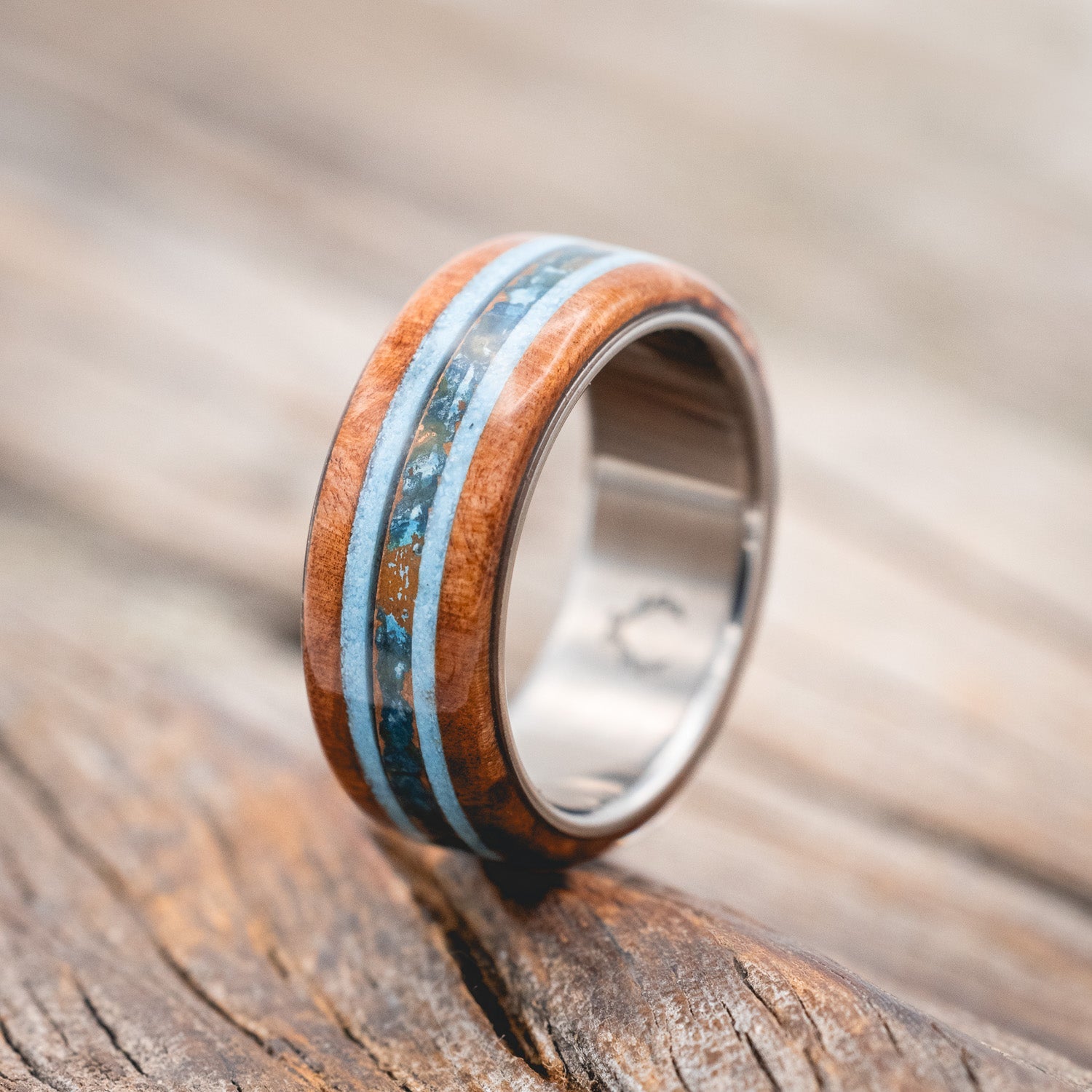 "CANYON" - REDWOOD, TURQUOISE & PATINA COPPER WEDDING BAND-Staghead Designs