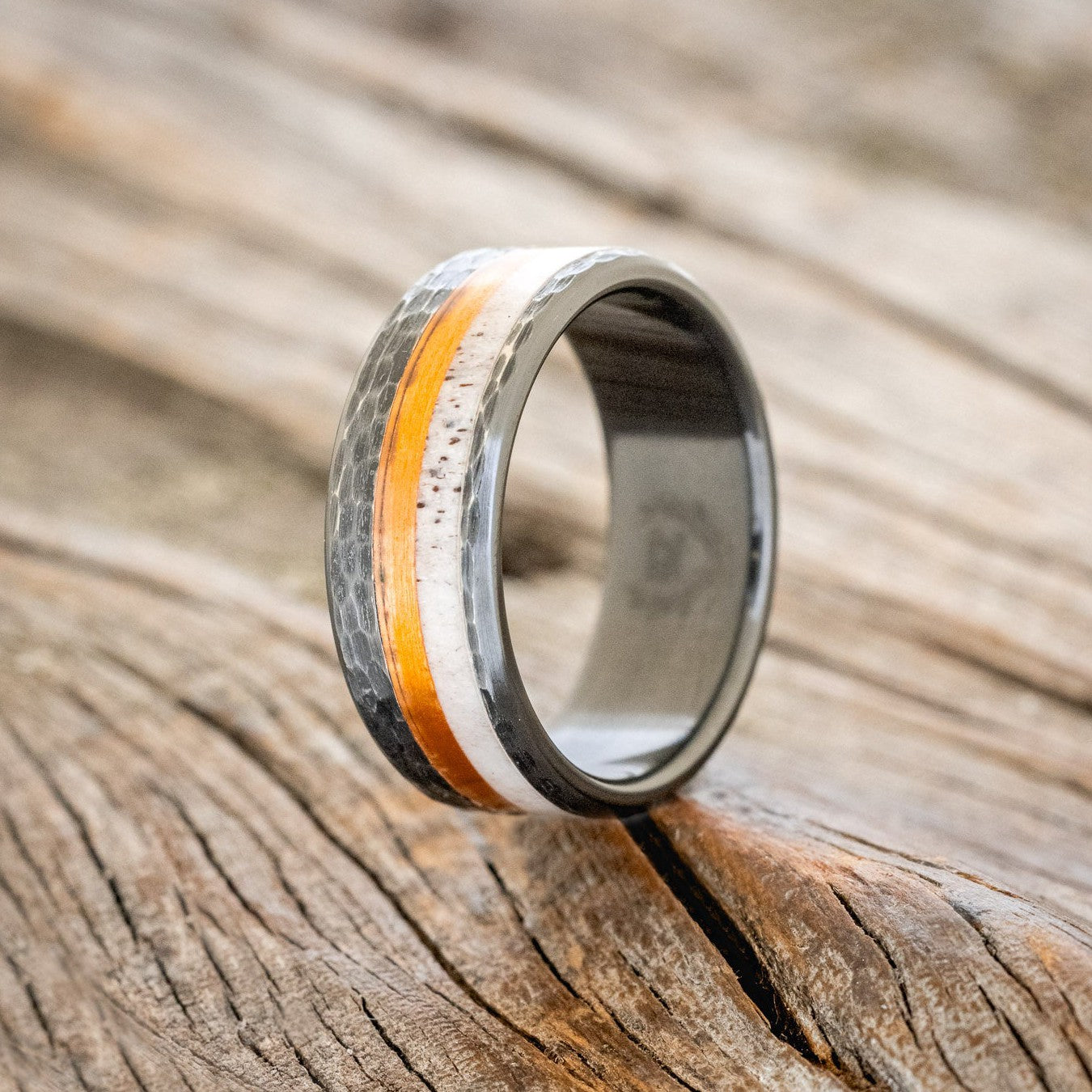 "CASTOR" - ANTLER & COPPER INLAY WEDDING RING FEATURING A HAMMERED FINISH-1