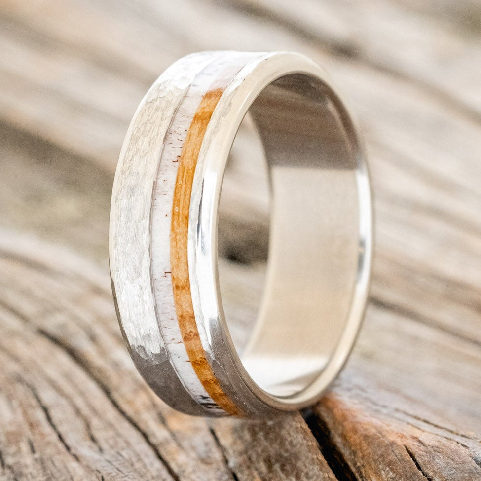 "CASTOR" - ANTLER & WHISKEY BARREL OAK WEDDING RING WITH A HAMMERED FINISH - READY TO SHIP-1