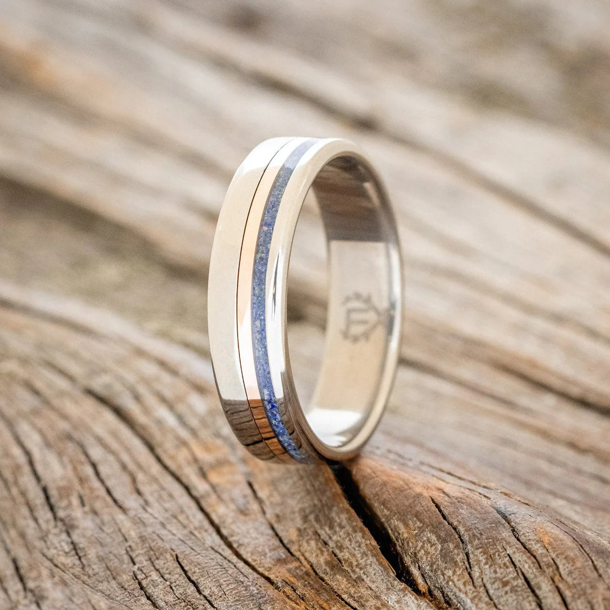 "CASTOR" - LAPIS LAZULI & A 14K GOLD INLAY WEDDING RING - TITANIUM - SIZE 8 1/2-Staghead Designs