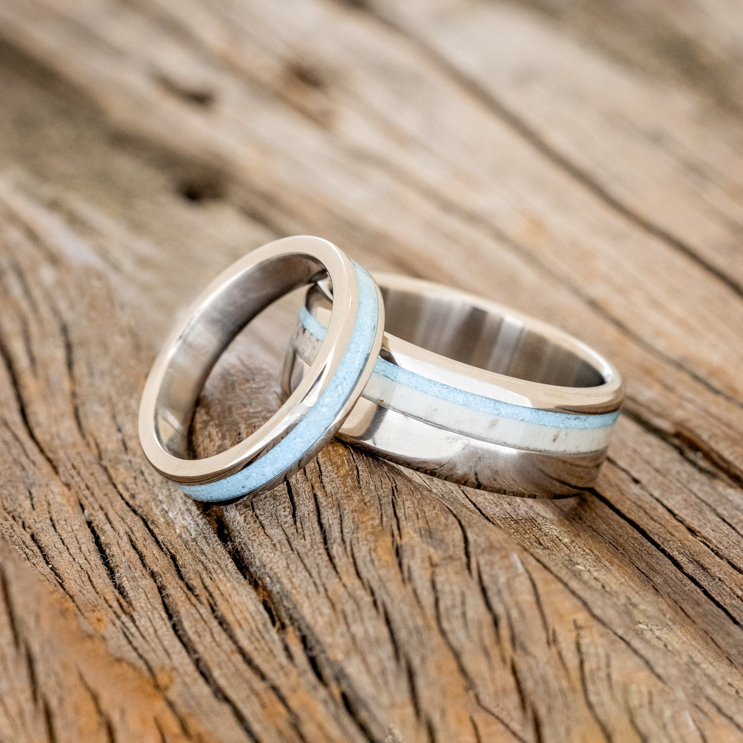 "CASTOR" - MATCHING SET OF ANTLER & TURQUOISE WEDDING BANDS-1