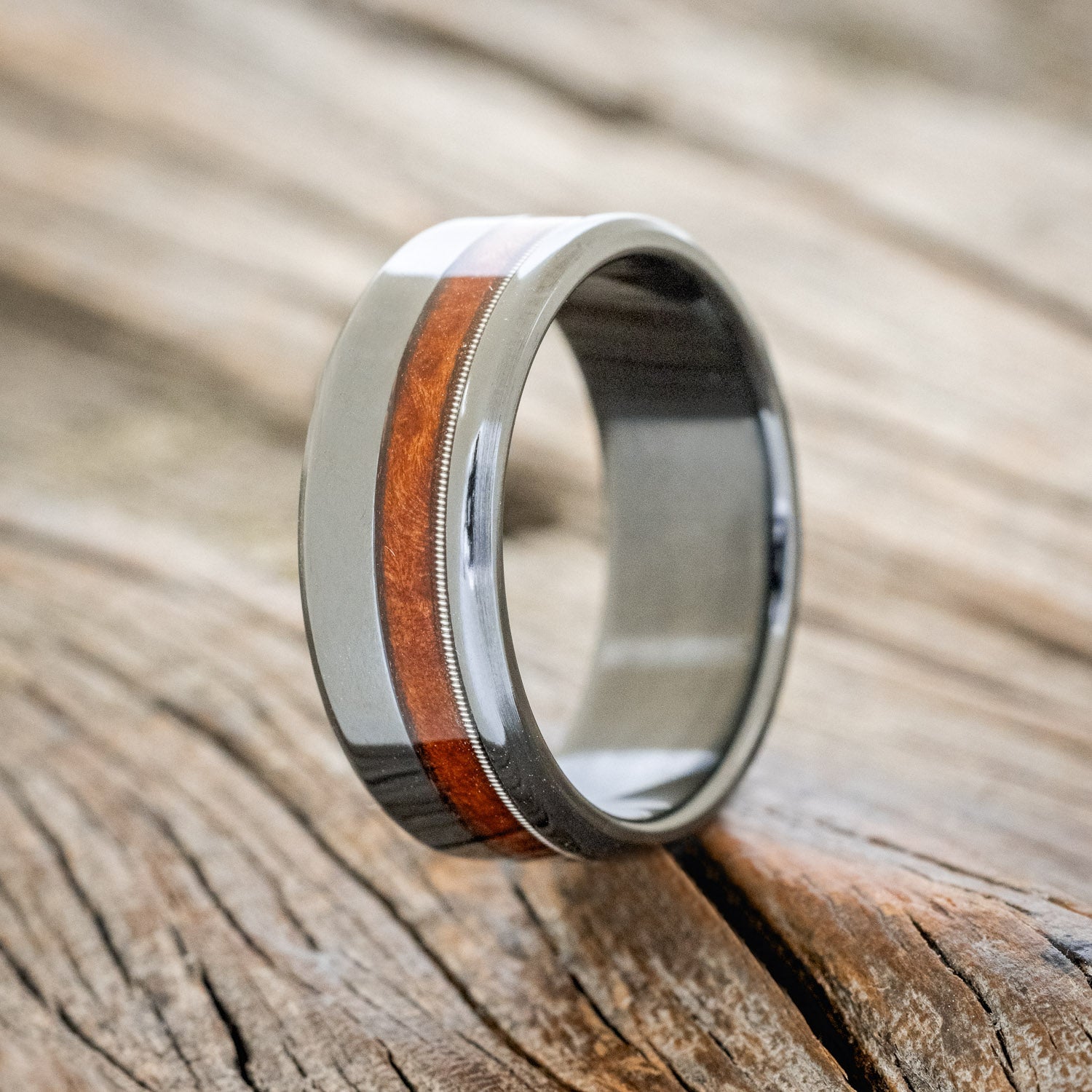 "CASTOR" - REDWOOD & GUITAR STRING INLAY WEDDING BAND-1