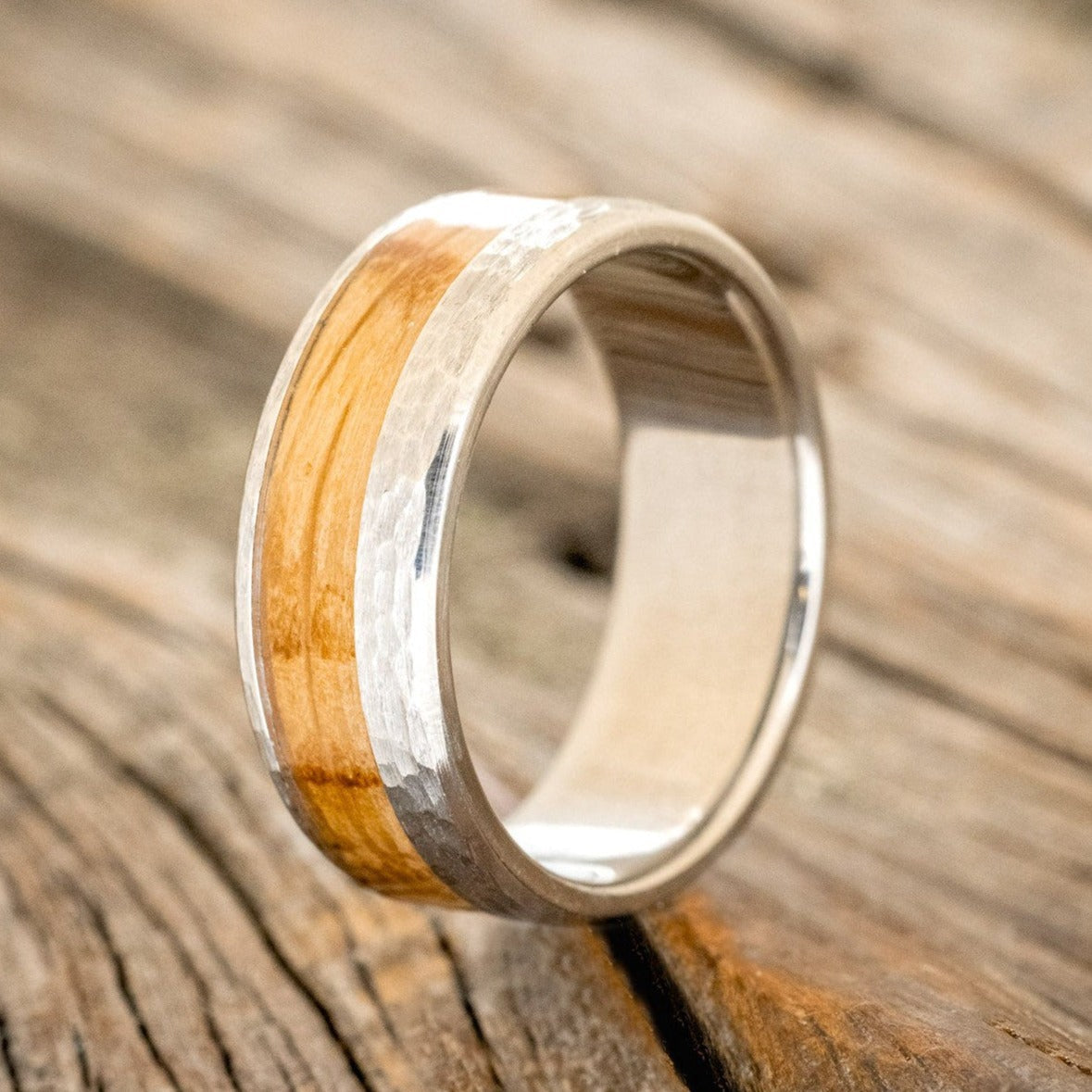 "CASTOR" - WHISKEY BARREL OAK WEDDING RING WITH A HAMMERED FINISH-1