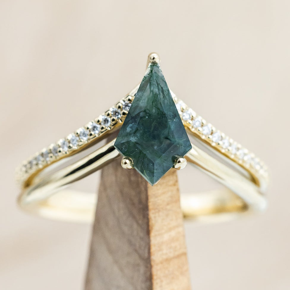 "CICELY" - KITE CUT MOSS AGATE ENGAGEMENT RING WITH DIAMOND ACCENTS-Staghead Designs