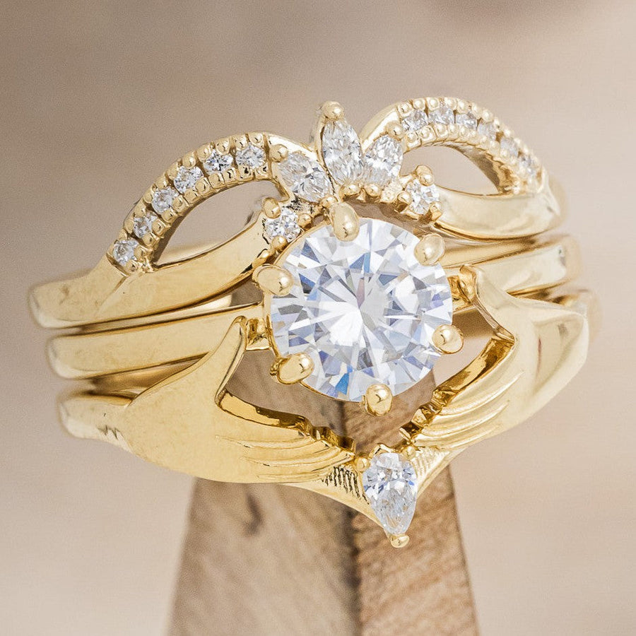 Claddagh Bridal Suite Round Cut Moissanite Solitaire Engagement Ring with Diamond Accents Tracer Claddagh Tracer by Staghead Designs 14K