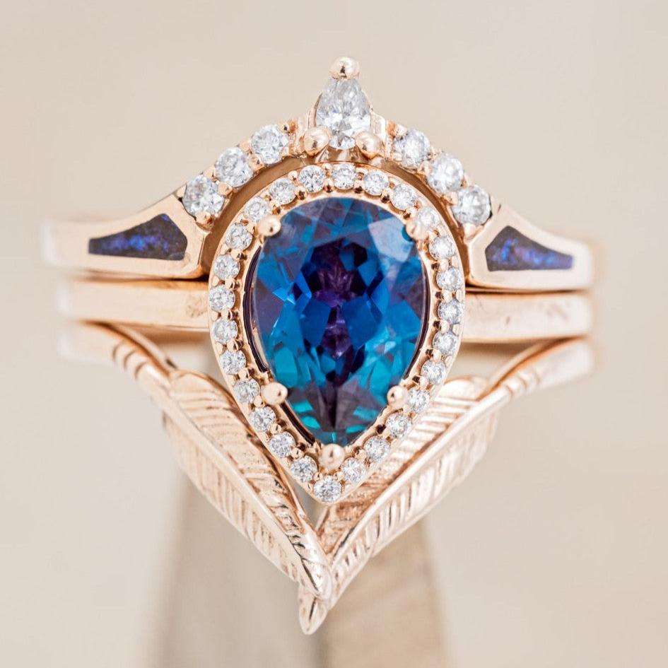 "CLARISS" - BRIDAL SUITE - PEAR SHAPED LAB-GROWN ALEXANDRITE ENGAGEMENT RING WITH DIAMOND HALO & TRACERS-1