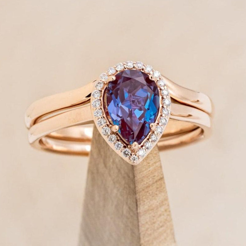 "CLARISS" - PEAR-SHAPED LAB-GROWN ALEXANDRITE ENGAGEMENT RING SET WITH DIAMOND ACCENTS & STACKER-1