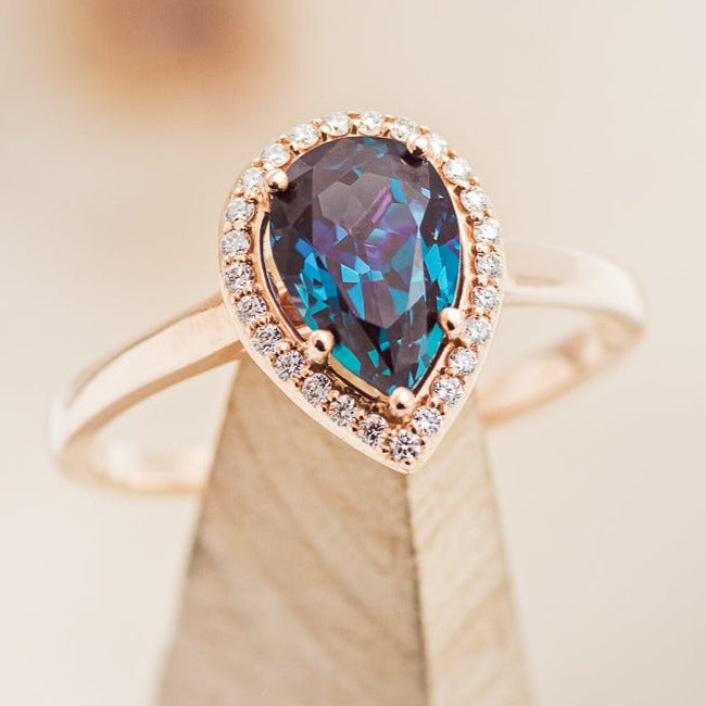 "CLARISS" - PEAR-SHAPED LAB-GROWN ALEXANDRITE ENGAGEMENT RING WITH DIAMOND HALO - EXPEDITED-1