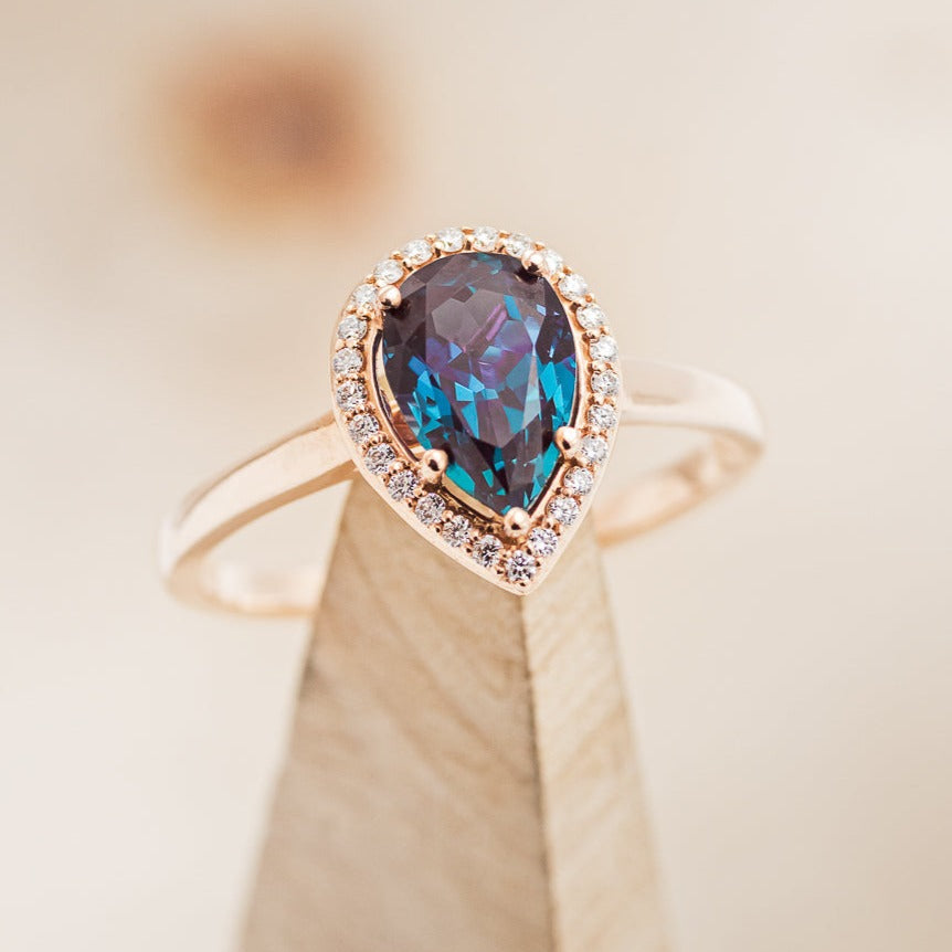 "CLARISS" - PEAR-SHAPED LAB-GROWN ALEXANDRITE ENGAGEMENT RING WITH DIAMOND HALO - EXPEDITED-1