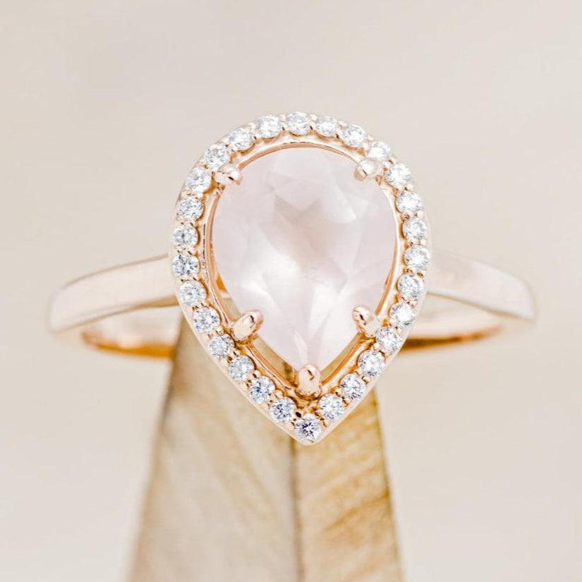 "CLARISS" - PEAR-SHAPED ROSE QUARTZ ENGAGEMENT RING WITH DIAMOND HALO-1