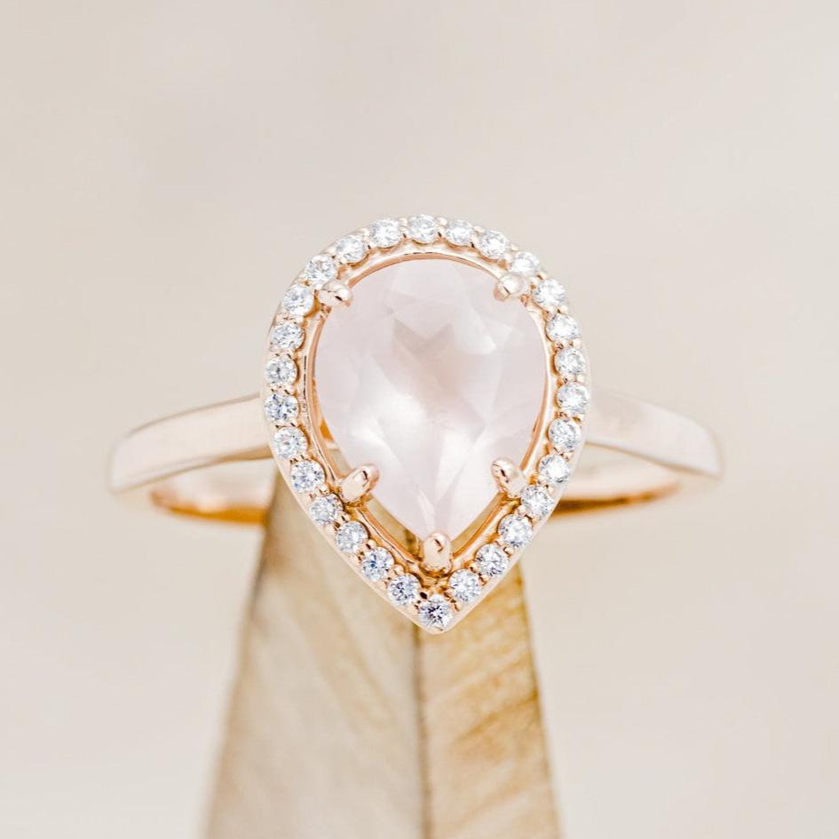 "CLARISS" - PEAR-SHAPED ROSE QUARTZ ENGAGEMENT RING WITH DIAMOND HALO-1