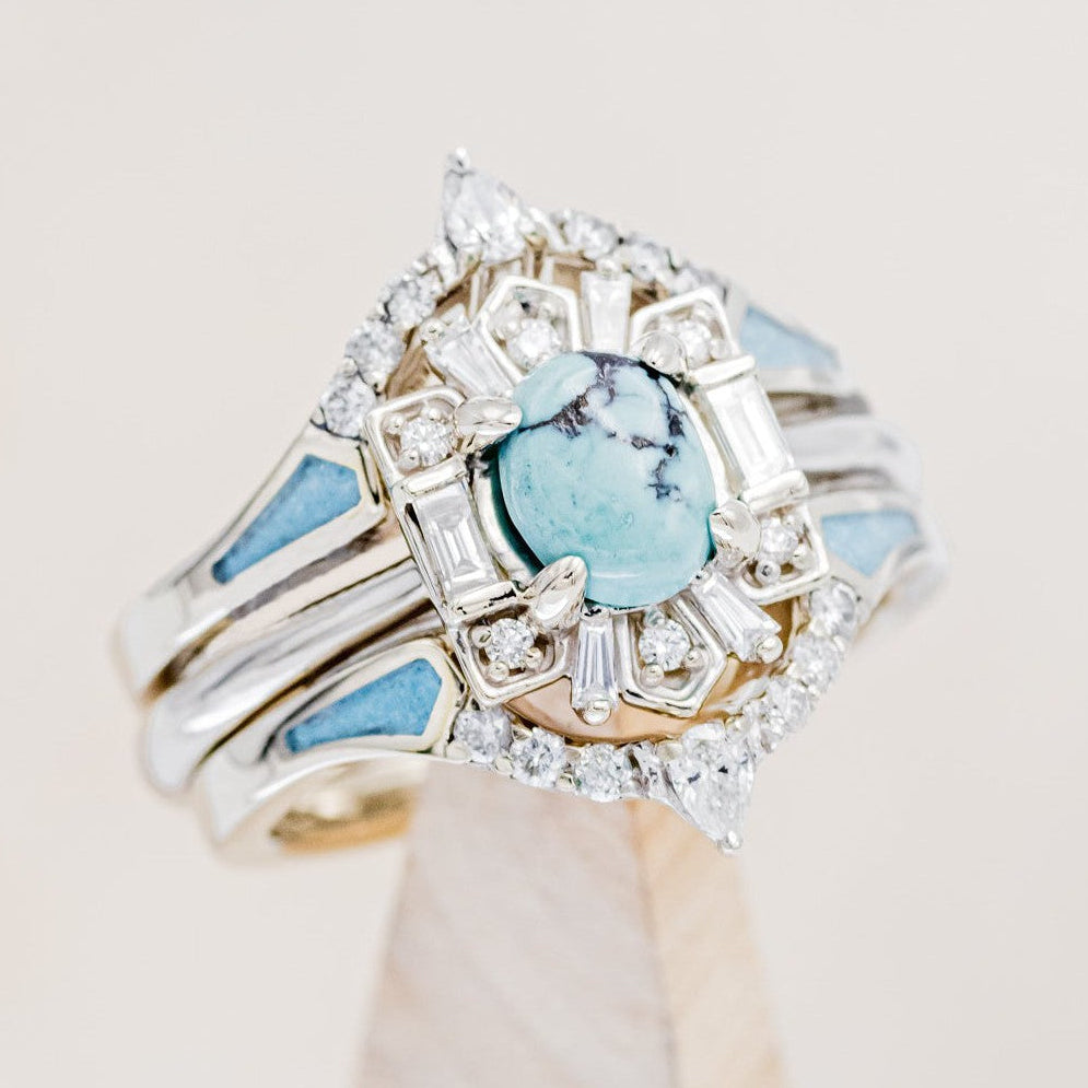 "CLEOPATRA" - BRIDAL SUITE - OVAL TURQUOISE & DIAMOND HALO ENGAGEMENT RING WITH TRACERS-1
