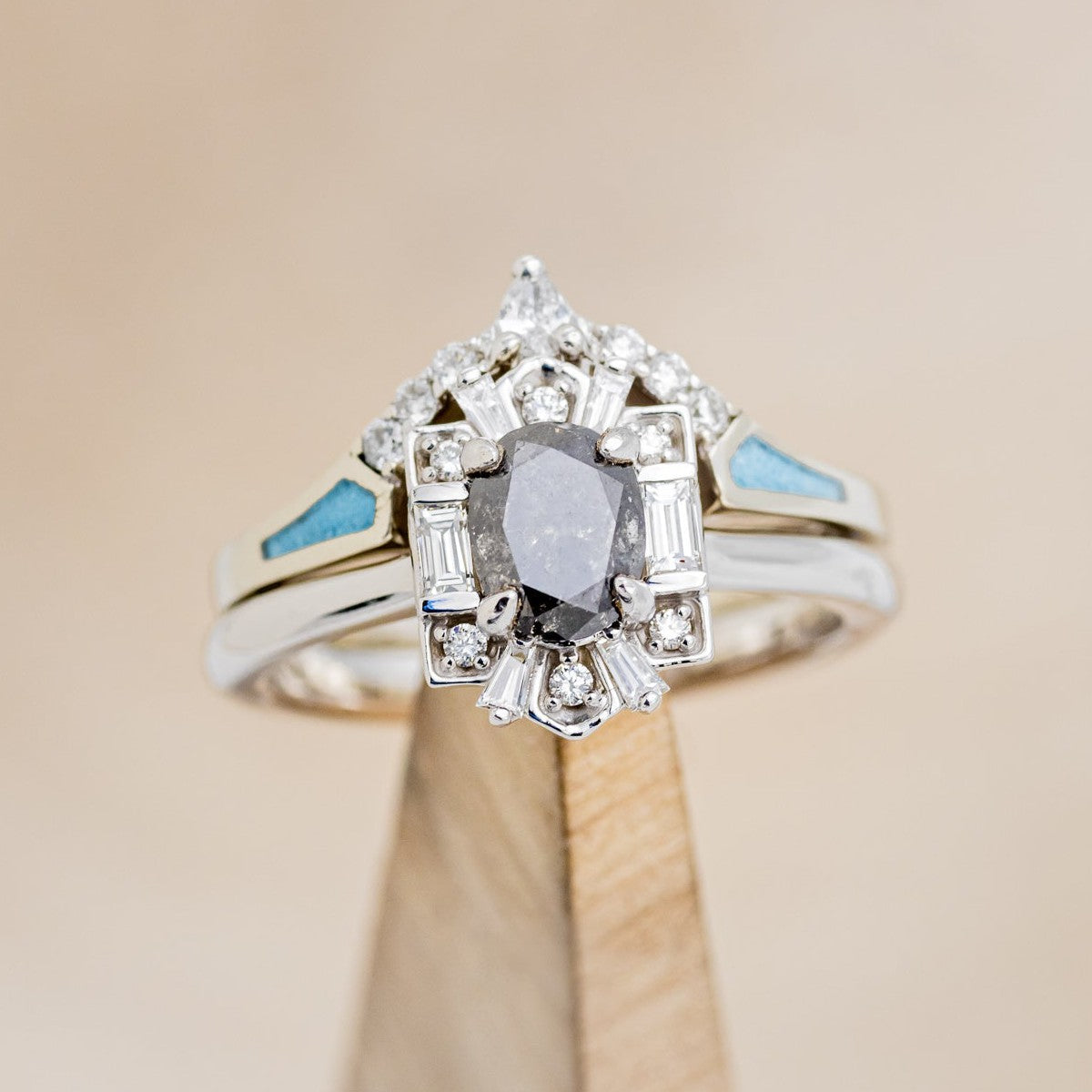 "CLEOPATRA" - OVAL SALT & PEPPER DIAMOND ENGAGEMENT RING WITH DIAMOND ACCENTS & TURQUOISE TRACER-1