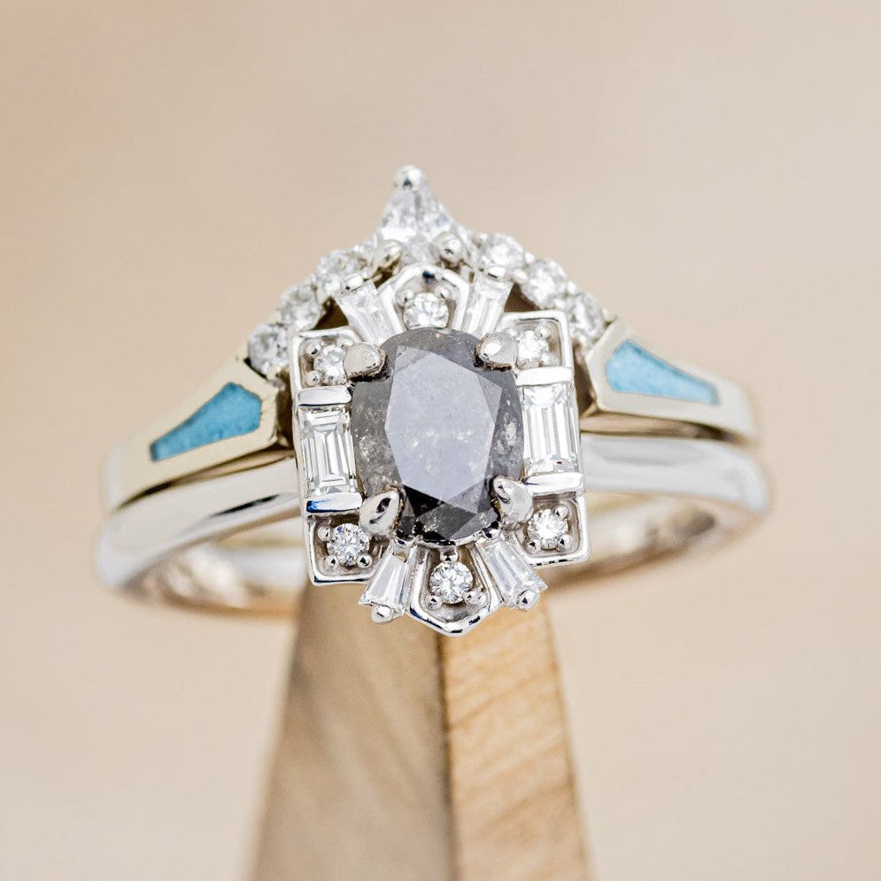 "CLEOPATRA" - OVAL SALT & PEPPER DIAMOND ENGAGEMENT RING WITH DIAMOND ACCENTS & TURQUOISE TRACER-1