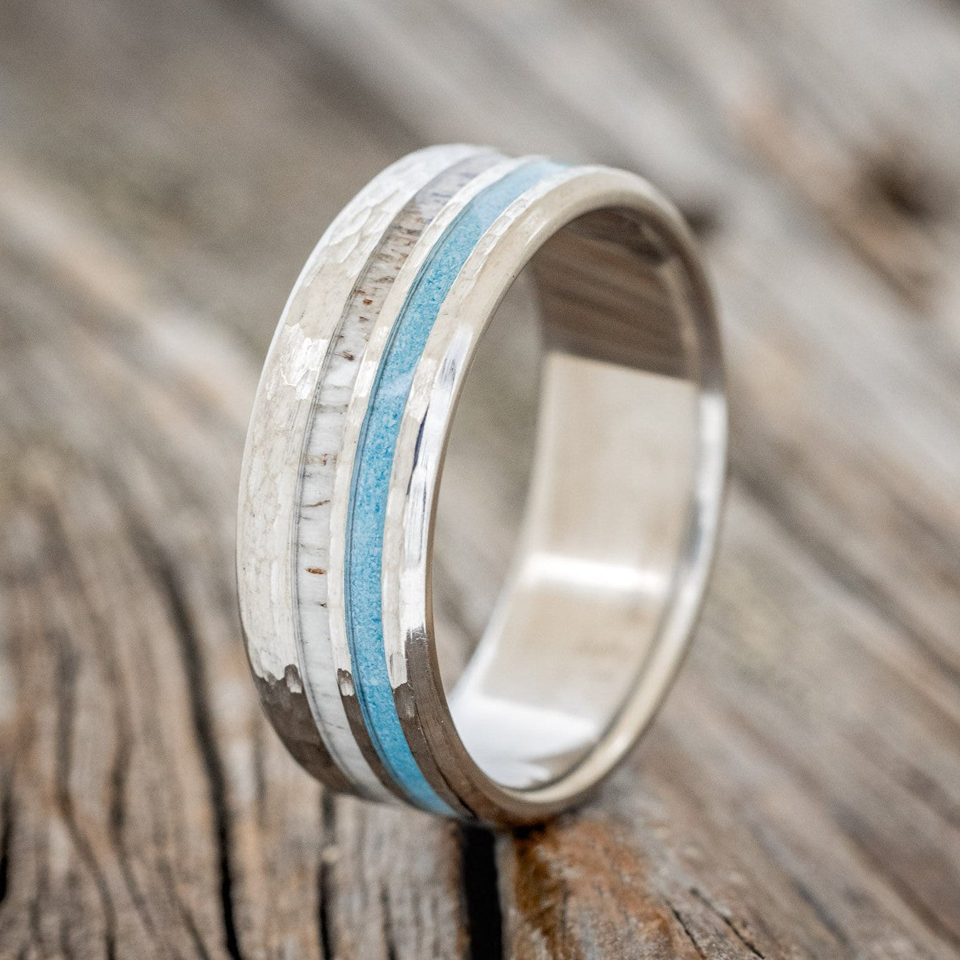 "COSMO" - ANTLER & TURQUOISE WEDDING RING WITH A HAMMERED FINISH-1