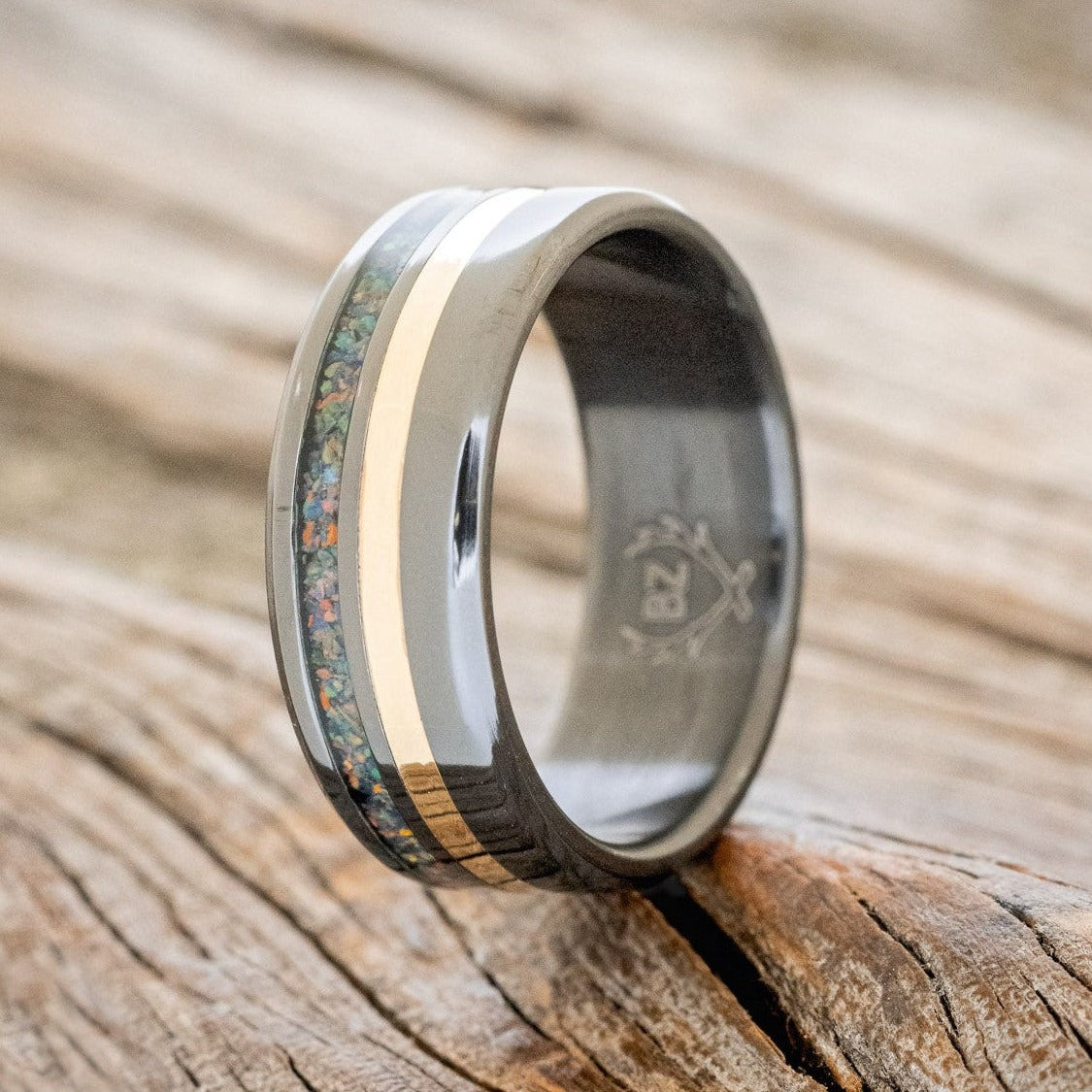 "COSMO" - BLACK OPAL & 14K GOLD INLAY WEDDING RING-1