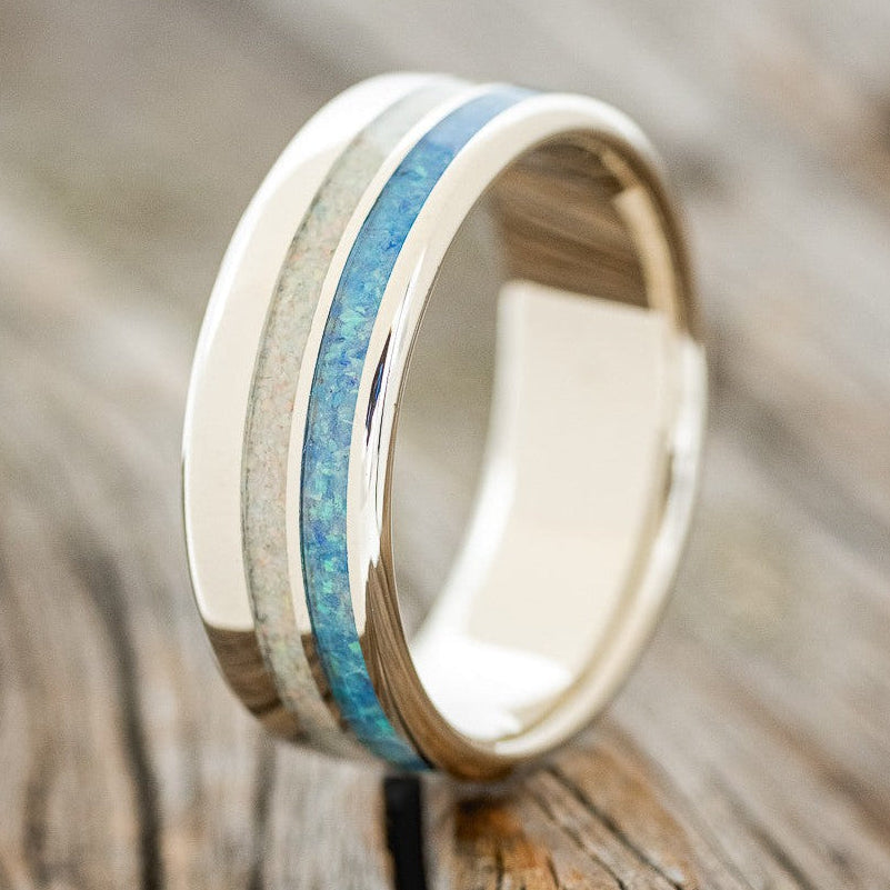 "COSMO" - BLUE OPAL & FIRE AND ICE OPAL WEDDING BAND FEATURING A 14K GOLD BAND-1