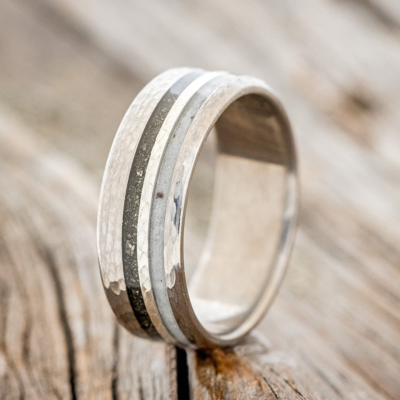 "COSMO" - PYRITE, ANTLER & HAMMERED SILVER INLAY WEDDING BAND WITH HAMMERED FINISH-1