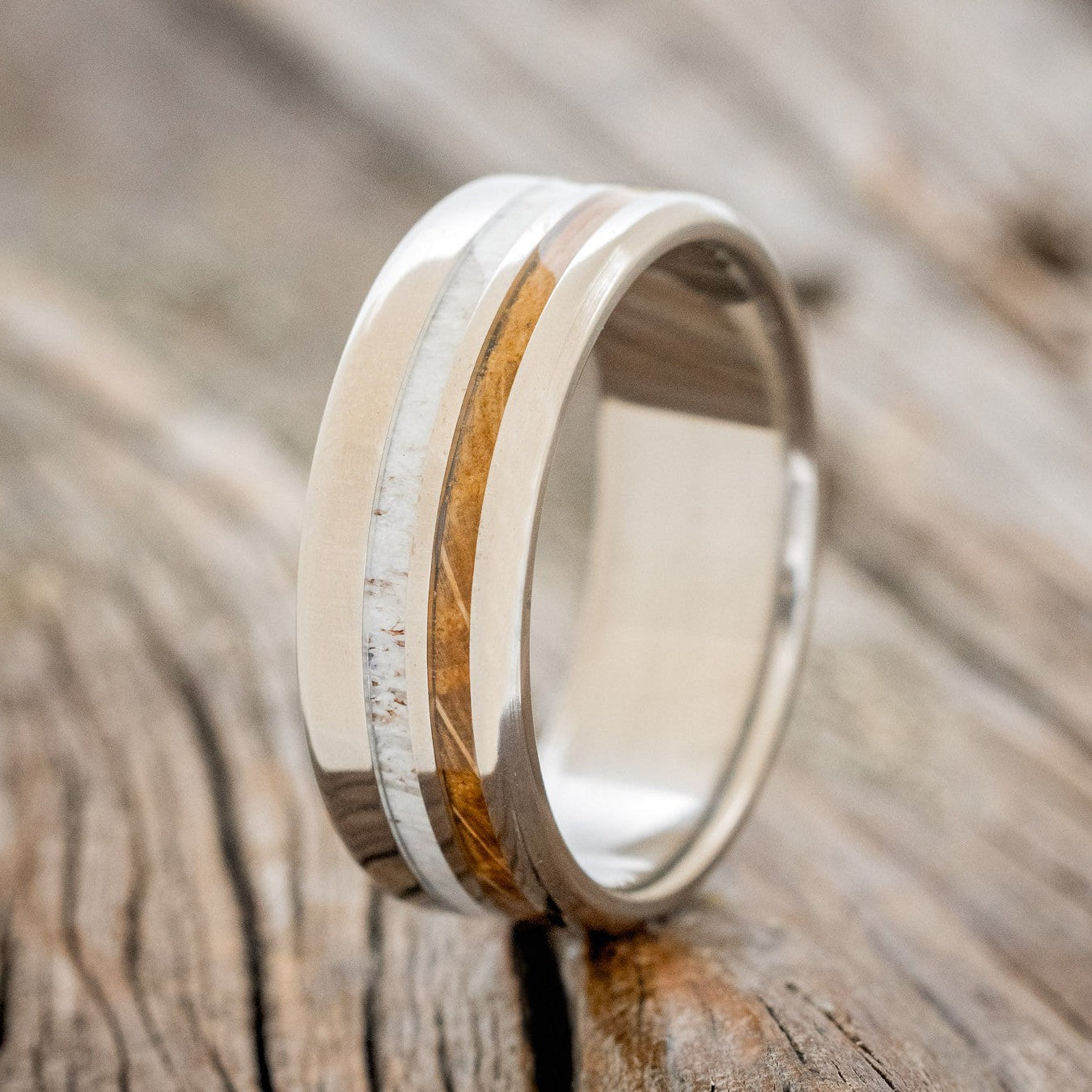 "COSMO" - WHISKEY BARREL OAK & ANTLER WEDDING BAND-1