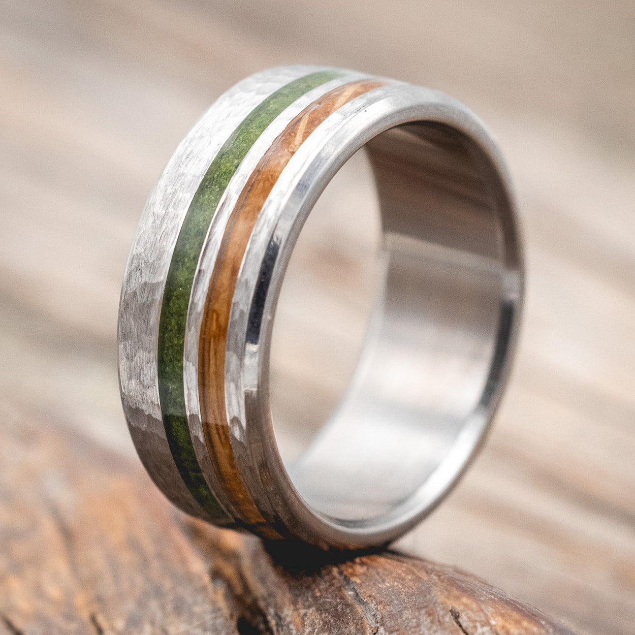 "COSMO" - WHISKEY BARREL OAK & MOSS WEDDING RING FEATURING A HAMMERED FINISH-Staghead Designs