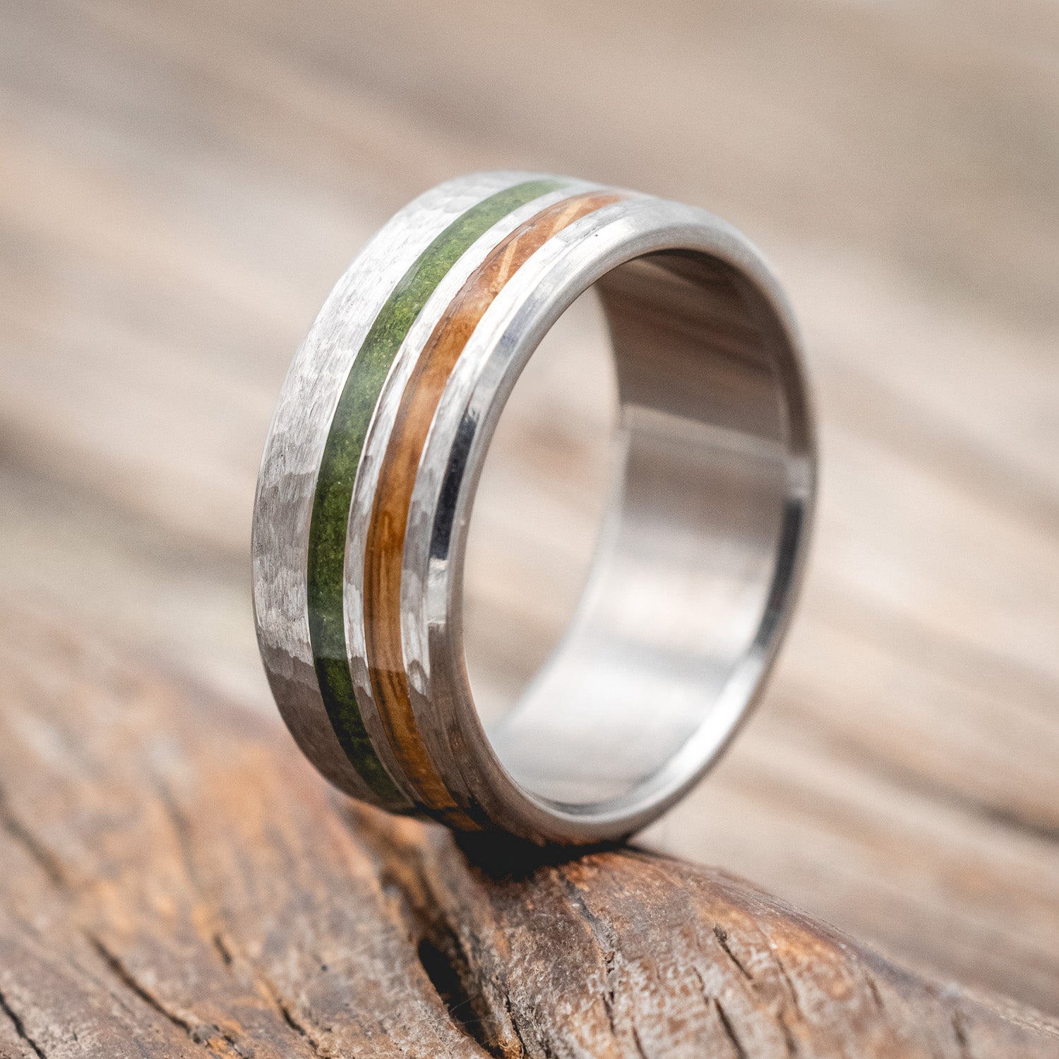 "COSMO" - WHISKEY BARREL OAK & MOSS WEDDING RING FEATURING A HAMMERED FINISH-Staghead Designs