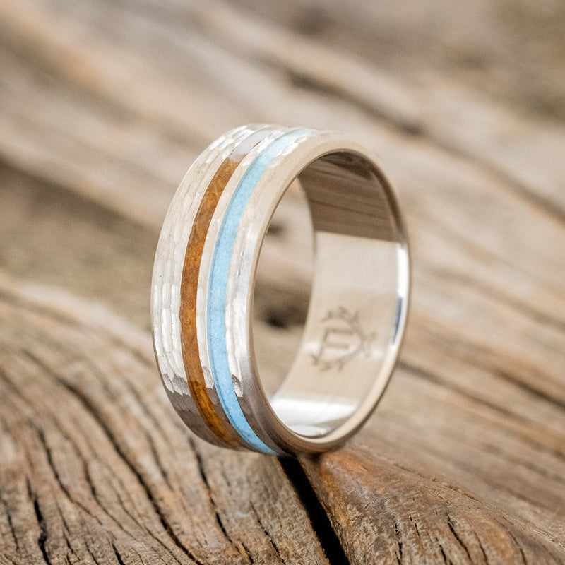 "COSMO" - WHISKEY BARREL OAK & TURQUOISE WEDDING BAND WITH A HAMMERED FINISH - READY TO SHIP-1