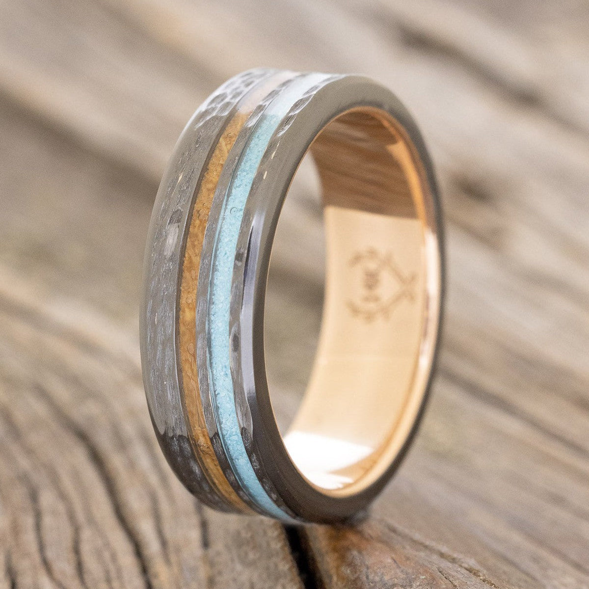 "COSMO" - WHISKEY BARREL OAK & TURQUOISE WEDDING RING FEATURING A HAMMERED BAND WITH A 14K GOLD LINING-1