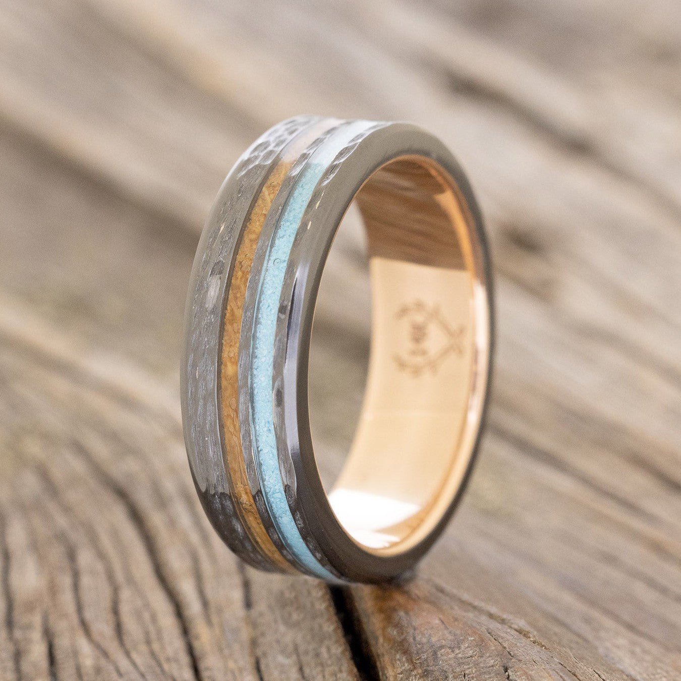 "COSMO" - WHISKEY BARREL OAK & TURQUOISE WEDDING RING FEATURING A HAMMERED BAND WITH A 14K GOLD LINING-1
