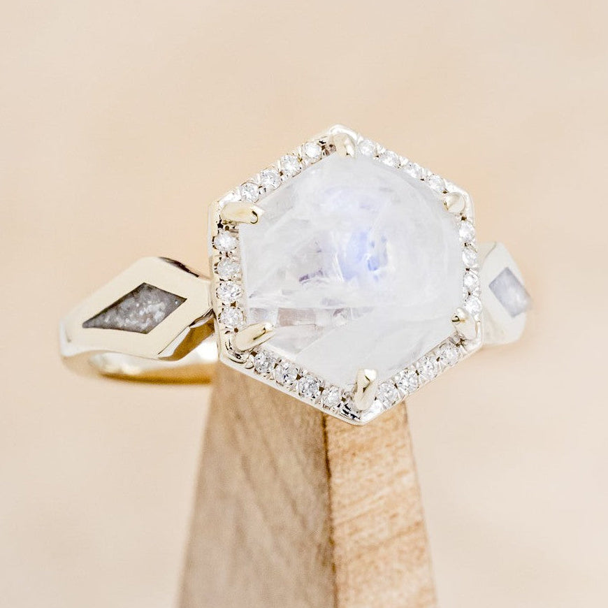 "CRAZY ON YOU" - HEXAGON MOONSTONE ENGAGEMENT RING WITH DIAMOND HALO & DIAMOND DUST INLAYS-1