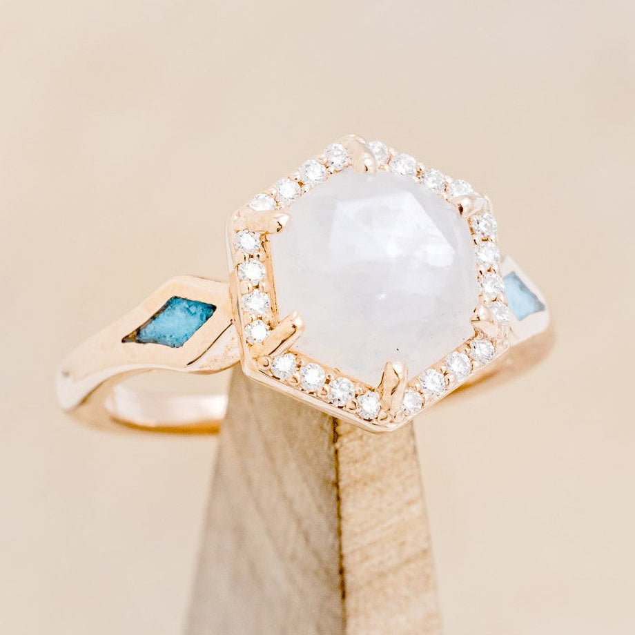 "CRAZY ON YOU" - HEXAGON MOONSTONE ENGAGEMENT RING WITH DIAMOND HALO & TURQUOISE INLAYS-1