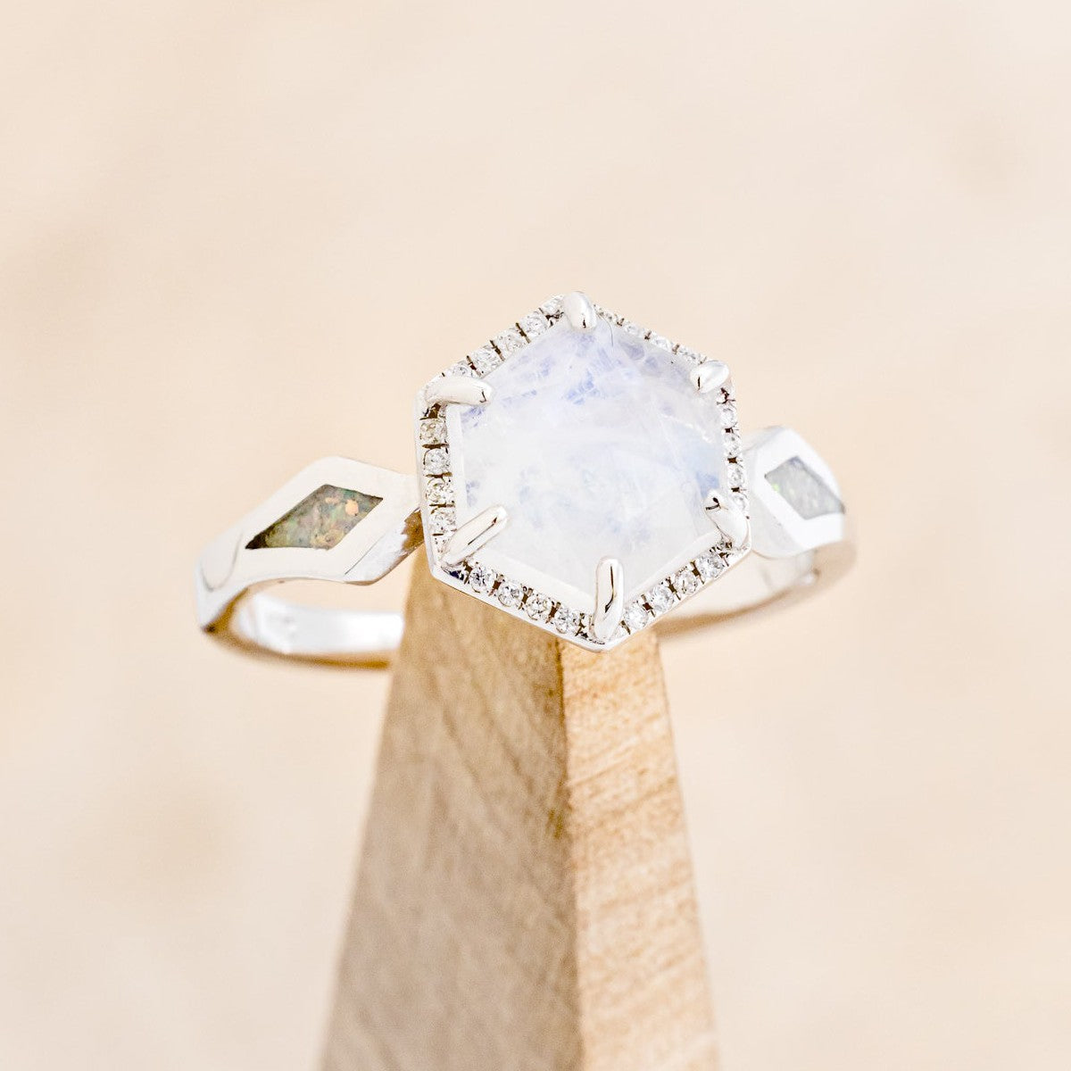 "CRAZY ON YOU" - HEXAGON MOONSTONE ENGAGEMENT RING WITH DIAMOND HALO & WHITE OPAL INLAYS-1