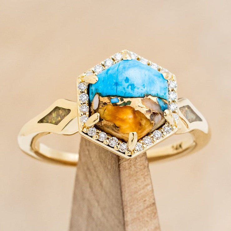 "CRAZY ON YOU" - HEXAGON SPINY OYSTER TURQUOISE ENGAGEMENT RING WITH DIAMOND HALO & FIRE AND ICE OPAL INLAYS-1