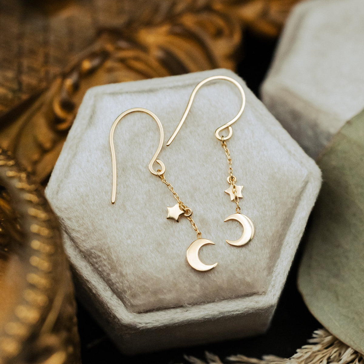 14K Gold Crescent Moon & Star Dangle Earrings | Staghead Designs