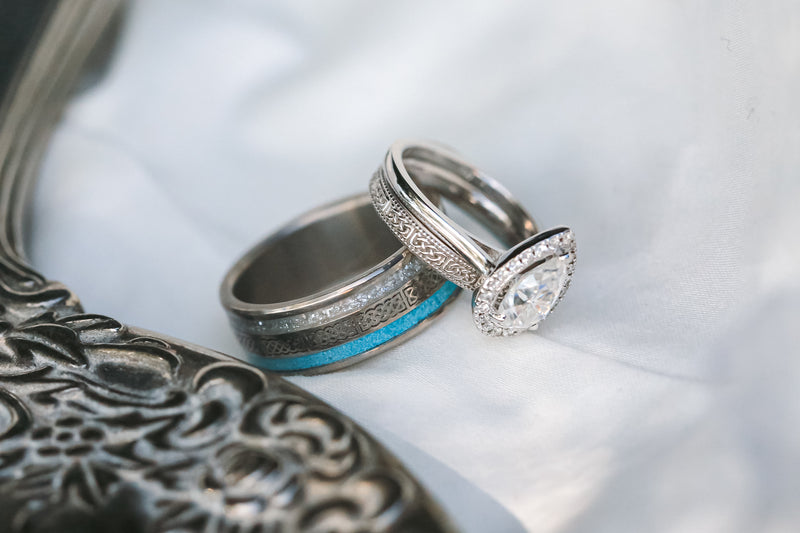 "RYDER" - CELTIC SAILOR'S KNOT ENGRAVED, DIAMOND DUST & TURQUOISE WEDDING RING