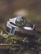 "BOWER" - PATINA COPPER & MOSS AGATE WEDDING BAND WITH CELTIC SAILOR'S KNOT ENGRAVINGS